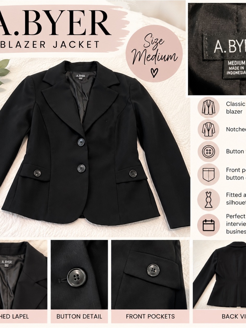 A. Byer Black Tailored Blazer Jacket Size Medium